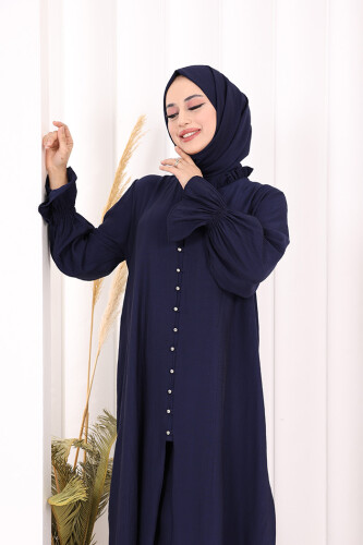Hac  Umre Takım Önü Düğmeli Tunik,Pantolon  ŞAL  HEDİYE  8014 Lacivert - 6