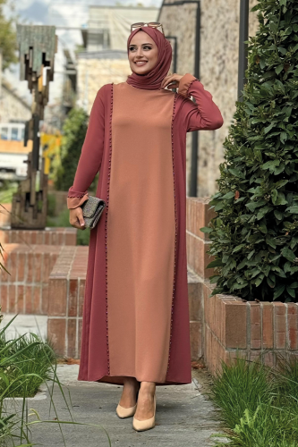 İki Renkli Taş Baskılı Elbise 3848 Gül Kurusu - Bym Fashion