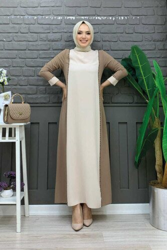 İki Renkli Taş Baskılı Elbise 3848 Vizon - Bym Fashion