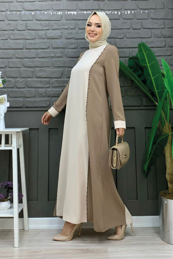 İki Renkli Taş Baskılı Elbise 3848 Vizon - 5