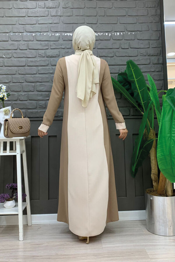 İki Renkli Taş Baskılı Elbise 3848 Vizon - 7