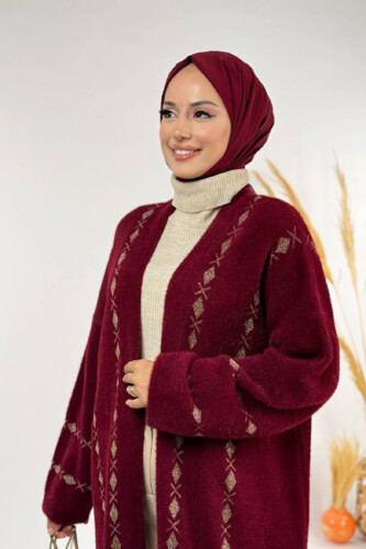 İnce Baklava Desenli Kısa Hırka 18327 Bordo - 4