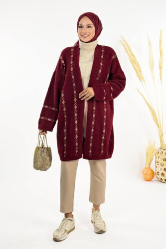 İnce Baklava Desenli Kısa Hırka 18327 Bordo - Bym Fashion