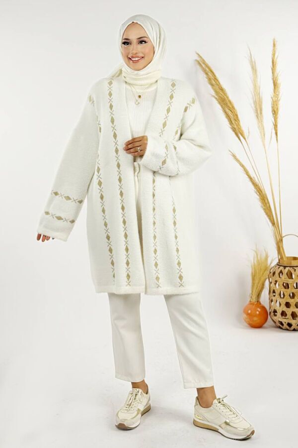 İnce Baklava Desenli Kısa Hırka 18327 Ekru - 1