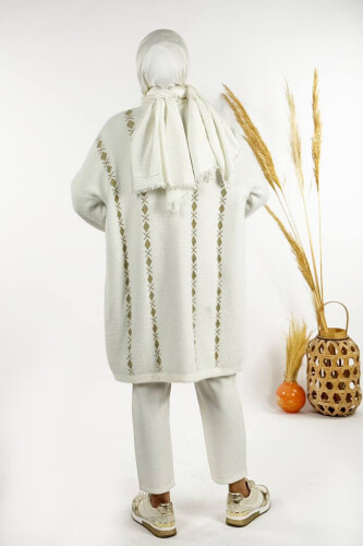 İnce Baklava Desenli Kısa Hırka 18327 Ekru - 2