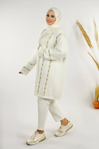 İnce Baklava Desenli Kısa Hırka 18327 Ekru - 3