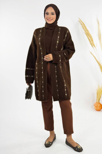 İnce Baklava Desenli Kısa Hırka 18327 Kahverengi - Bym Fashion