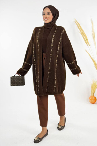 İnce Baklava Desenli Kısa Hırka 18327 Kahverengi - 2