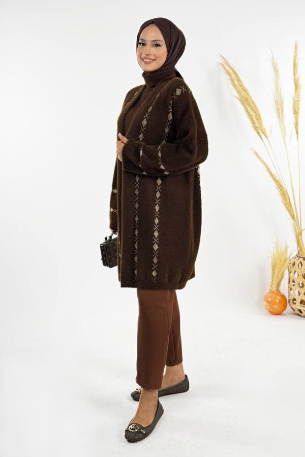 İnce Baklava Desenli Kısa Hırka 18327 Kahverengi - 3