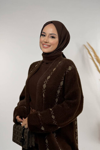 İnce Baklava Desenli Kısa Hırka 18327 Kahverengi - 4