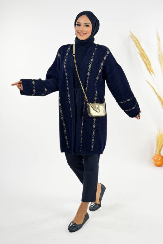 İnce Baklava Desenli Kısa Hırka 18327 Lacivert - 3