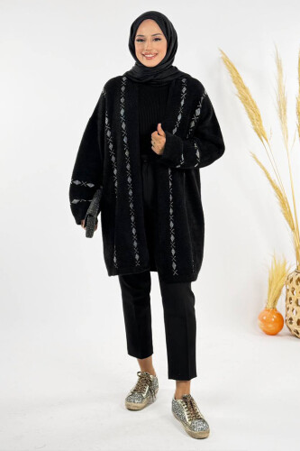 İnce Baklava Desenli Kısa Hırka 18327 Siyah-Gümüş - Bym Fashion