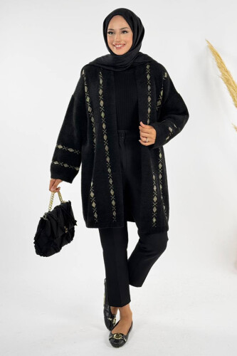 İnce Baklava Desenli Kısa Hırka 18327 Siyah - Bym Fashion