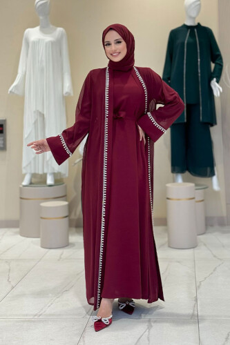 İnci Detaylı Abaya Elbise Takım 8493 Bordo - Bym Fashion