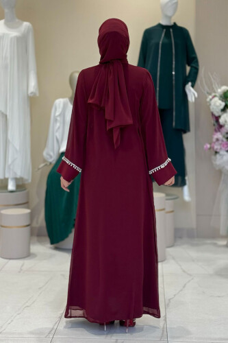 İnci Detaylı Abaya Elbise Takım 8493 Bordo - 2