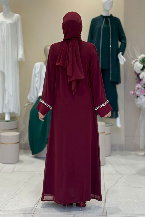 İnci Detaylı Abaya Elbise Takım 8493 Bordo - 2