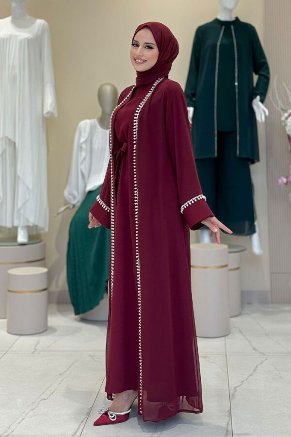 İnci Detaylı Abaya Elbise Takım 8493 Bordo - 3