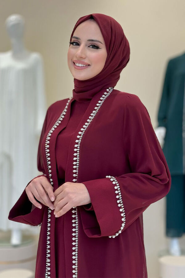 İnci Detaylı Abaya Elbise Takım 8493 Bordo - 4