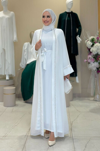 İnci Detaylı Abaya Elbise Takım 8493 Ekru - Bym Fashion