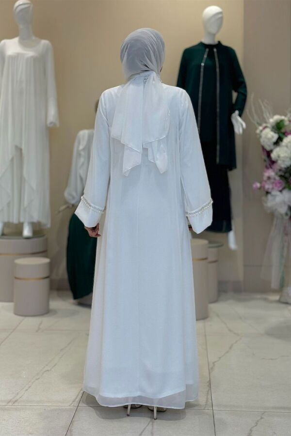 İnci Detaylı Abaya Elbise Takım 8493 Ekru - 2