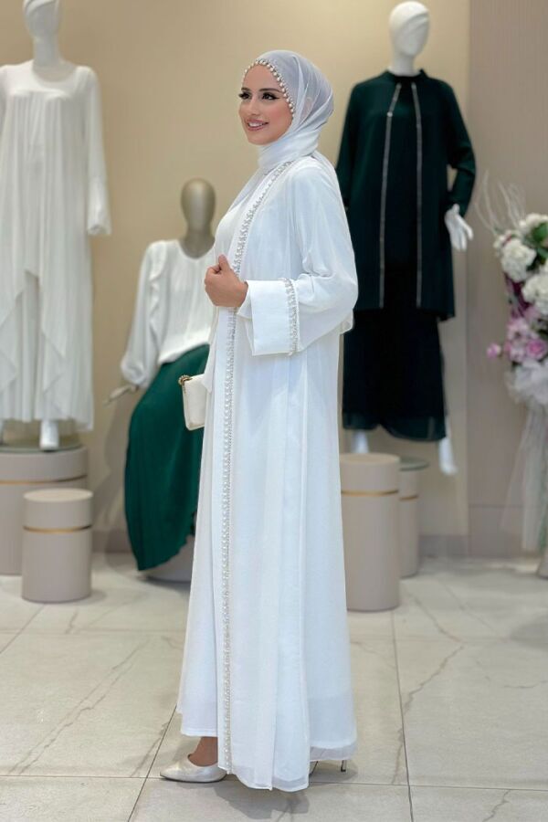 İnci Detaylı Abaya Elbise Takım 8493 Ekru - 3