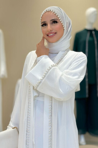 İnci Detaylı Abaya Elbise Takım 8493 Ekru - 4