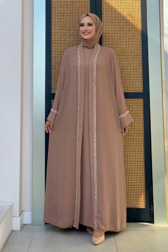 İnci Detaylı Abaya Elbise Takım 8493 Vizon - Bym Fashion