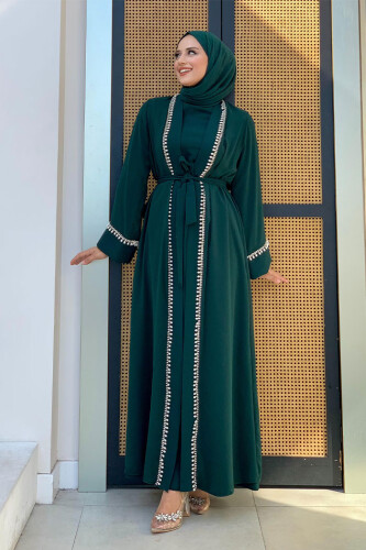 İnci Detaylı Abaya Elbise Takım 8493 Zümrüt - Bym Fashion