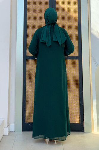 İnci Detaylı Abaya Elbise Takım 8493 Zümrüt - 2