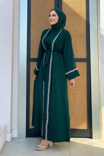 İnci Detaylı Abaya Elbise Takım 8493 Zümrüt - 3