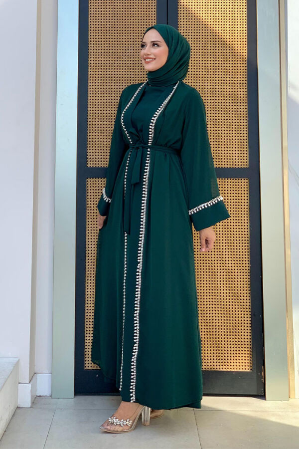 İnci Detaylı Abaya Elbise Takım 8493 Zümrüt - 3