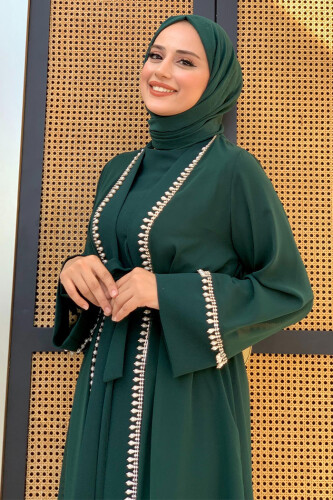 İnci Detaylı Abaya Elbise Takım 8493 Zümrüt - 4