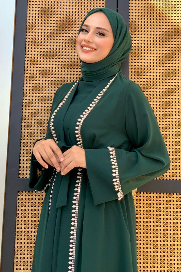 İnci Detaylı Abaya Elbise Takım 8493 Zümrüt - 4