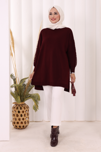 İnci Detaylı Triko Tunik 18309 Mürdüm - Bym Fashion