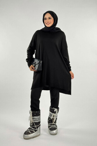 İnci Detaylı Triko Tunik 18309 Siyah - Bym Fashion