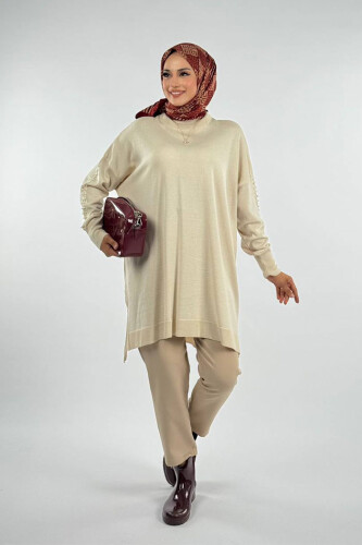 İnci Detaylı Triko Tunik 18309 Taş - Bym Fashion