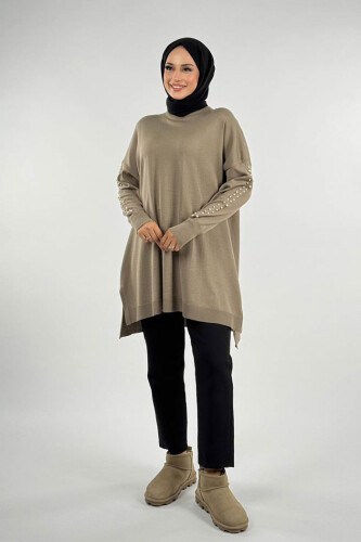 İnci Detaylı Triko Tunik 18309 Vizon - Bym Fashion