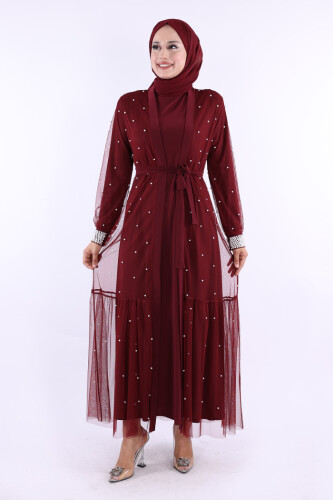 İncili Abaya Ve Elbise Takım 8491 Bordo 