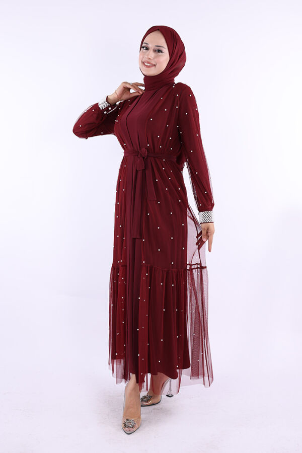 İncili Abaya Ve Elbise Takım 8491 Bordo - 2