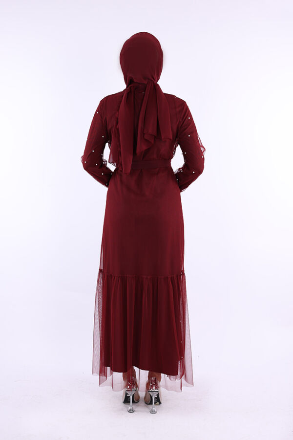 İncili Abaya Ve Elbise Takım 8491 Bordo - 3