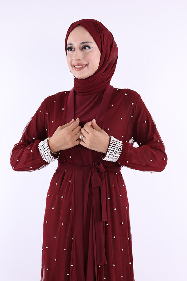 İncili Abaya Ve Elbise Takım 8491 Bordo - 5