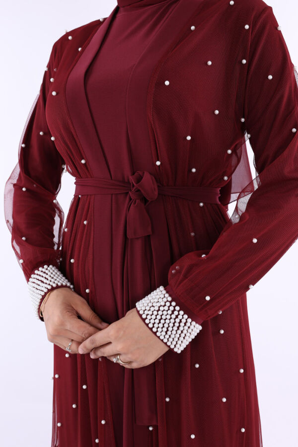 İncili Abaya Ve Elbise Takım 8491 Bordo - 4