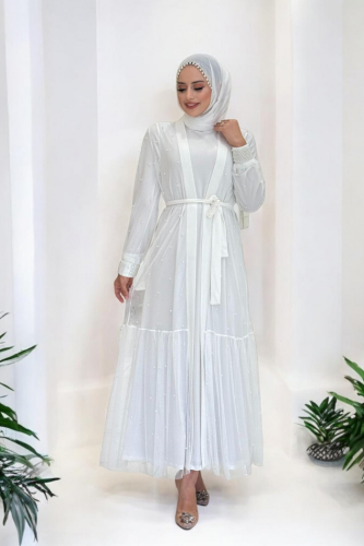 İncili Abaya Ve Elbise Takım 8491 Ekru 
