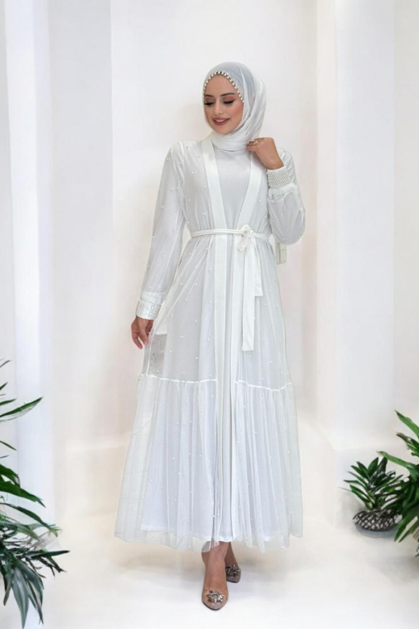 İncili Abaya Ve Elbise Takım 8491 Ekru - 1