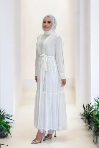 İncili Abaya Ve Elbise Takım 8491 Ekru - 2