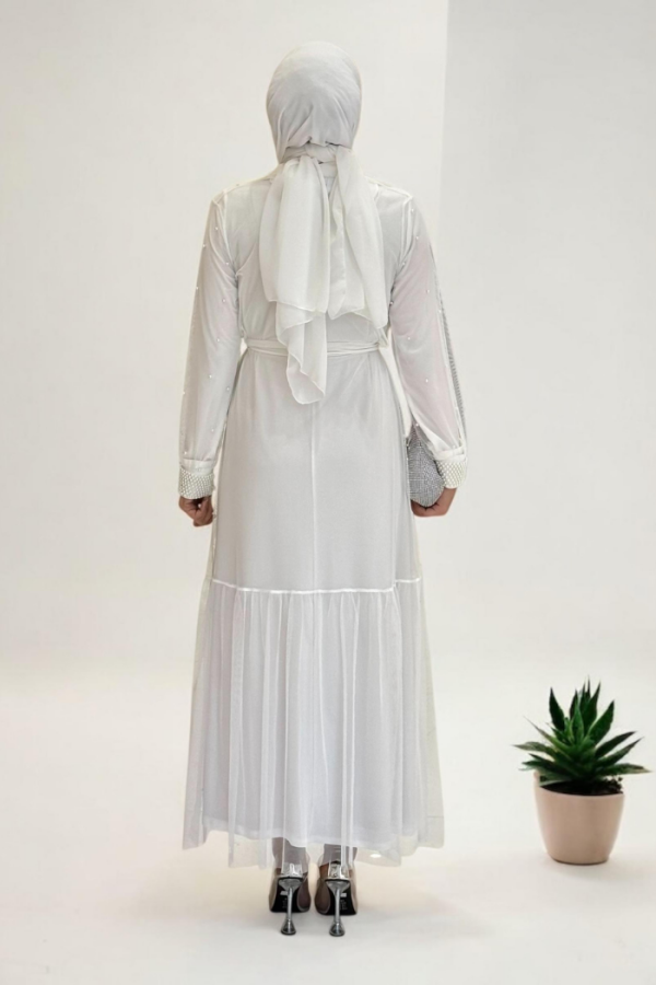 İncili Abaya Ve Elbise Takım 8491 Ekru - 3