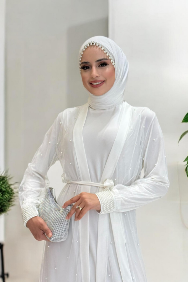 İncili Abaya Ve Elbise Takım 8491 Ekru - 4