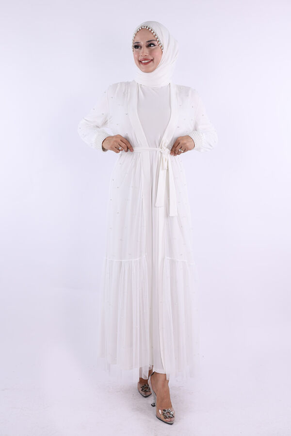 İncili Abaya Ve Elbise Takım 8491 Ekru - 1