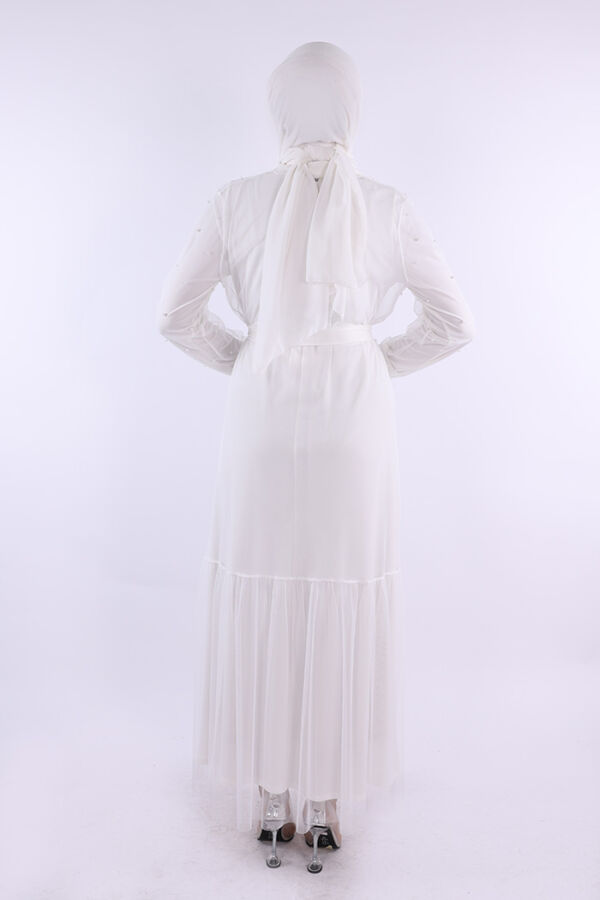 İncili Abaya Ve Elbise Takım 8491 Ekru - 2