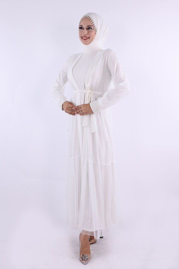 İncili Abaya Ve Elbise Takım 8491 Ekru - 3